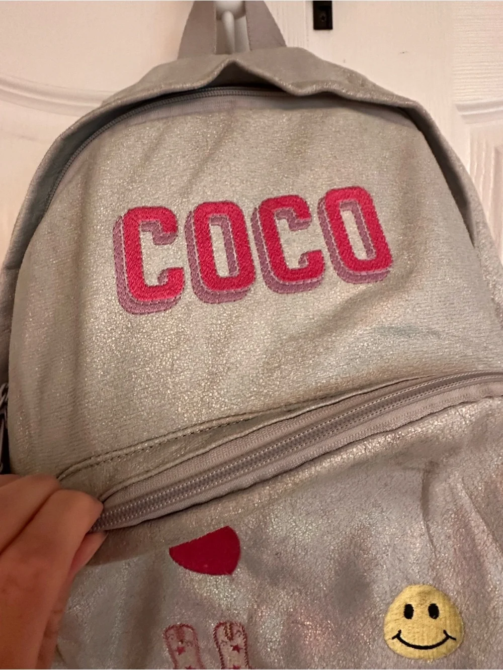 GAP Silver Glitter Kids Backpack with Pink COCO - custom embroidered